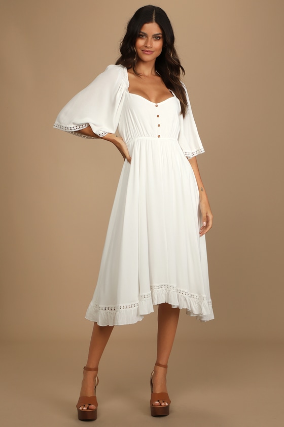 White Midi Dress - Three-Quarter Sleeve Dress - Handkerchief Midi - Lulus